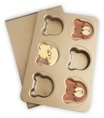 Productafbeelding van Muffinbakvorm in de vorm van een beer, met deksel, 6 kuiltjes, antiaanbaklaag, goudkleurig, 34x23 cm
