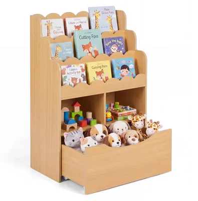 Zdjęcie produktu dla Półka na zabawki COSTWAY, 5-poziomowa, drewniana, z szufladami na kółkach i 2 otwartymi półkami, idealna do przechowywania zabawek, wymiary: 60x30x91 cm
