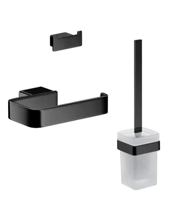 A set of black bathroom accessories including a toilet paper holder, a double hook, and a toilet brush holder with a brush.