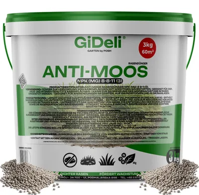 Obrázek produktu pro Hnojivo Anti-Moos, 3 kg, NPK 8-8-11, pro jarní použití, obsahuje železo a hořčík, vhodné pro zahradu, GiDeli