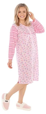 Produktbild von Nachthemd Damen langer Arm gestreift Nachtgewand Schlafhemd Nachtwäsche, Größe:XL, Farbe:Rosa