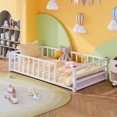 Montessori Kinderbett 90×200 cm mit Rausfallschutz & Lattenrost, weiß