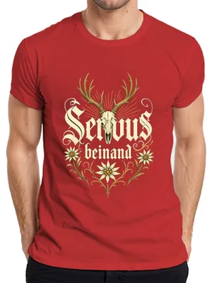 Zdjęcie produktu dla "Servus", motyw jelenia, Edelweiss, bawarska odzież (skórzane spodnie i sukienka), męska koszulka, czerwona, rozmiar M
