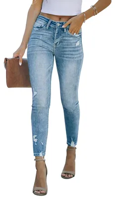 Image de KUNMI : Jeans slim pour femmes, taille moyenne, coupe skinny, délavé, effet usé, tissu extensible