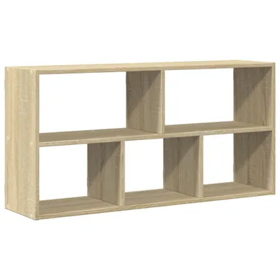 A wooden shelf unit with six compartments, presented against a white background.