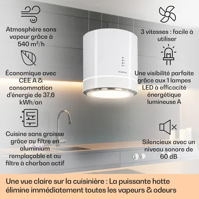 Image de Klarstein Hotte Aspirante Ilot Central de Cuisine Silencieuse et Design, Débit d'air 595m³/h, Minuteur, 3 Modes, Contrôle via Application Mobile, Hotte Aspirante Suspendue Sans Evacuation et Charbon