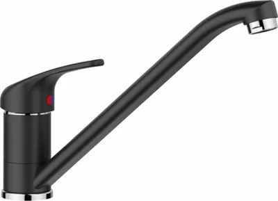 A black kitchen faucet with a silver accent at the base and a silver aerator at the spout. There are small red and blue indicators on the handle base.
