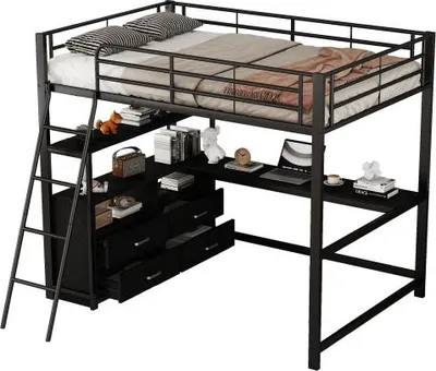 Produktbild von Hochbett mit Schreibtisch und Lattenrost, 140x200 cm, Metallbett mit Rausfallschutz, Jugendbett
