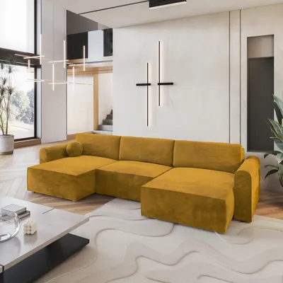 Produktbild von Masseno Ecksofa FENTO M mit Schlaffunktion U-Form, Sofa mit Bettkasten, Wohnzimmersofa, Couch, Soffa, Bettsofa, Couchgarnitur- Gelb, MONOLITH 48