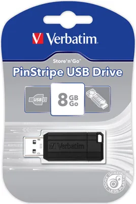 Produktbild von Verbatim PinStripe USB Drive 8GB - Black, 8 GB, USB 2.0, Kappe, 21 mm, 54 mm, 9.22 mm