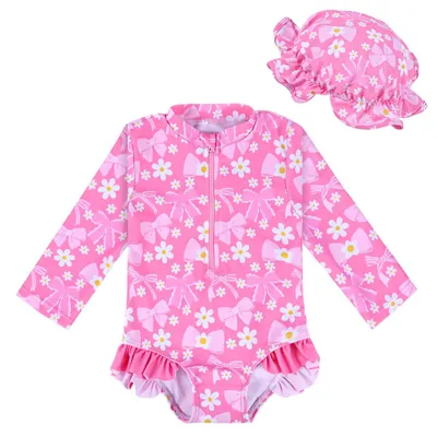 Imagen del producto de Traje de baño para niña con sombrero de sol, camiseta de protección UV de manga larga, para niños de 3 meses a 2 años, ideal para piscina