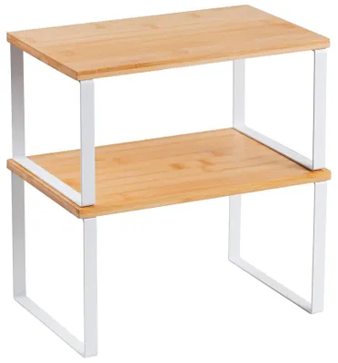 Image de Organisateur de cuisine empilable à deux niveaux, étagère en bambou avec structure métallique, étagère à épices et rangement pour ustensiles de cuisine, peu encombrant