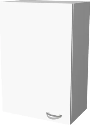 A white kitchen cabinet with a silver handle.