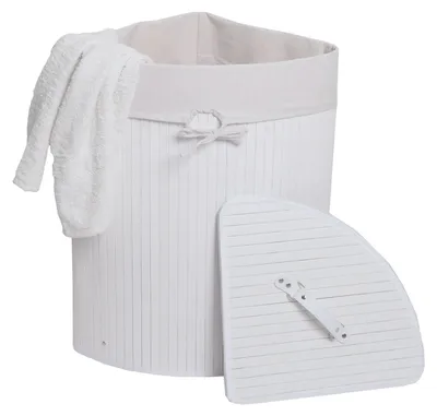 Produktbild von Eckwäschekorb MCW-C21, Laundry Wäschebox Wäschesammler Wäschebehälter, Bambus 61x48x35cm 50l weiß