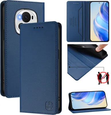 Image de Etui en cuir pour Honor Magic6, étui à rabat avec fentes pour cartes, portefeuille et support Bleu