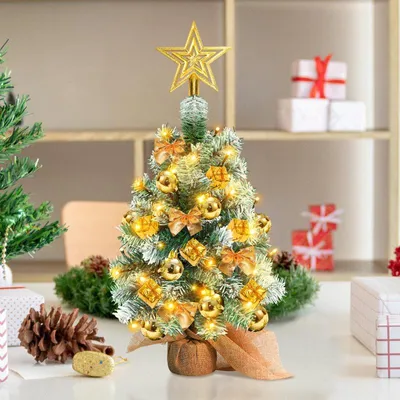 Produktbild von Jayseuw 40cm Mini Weihnachtsbaum mit 30 warmweiß LEDs, 8 Licht Modi, mit roter Deko, mit Stern-Baumspitze, Batterie betrieben, für Weihnachten, Gold
