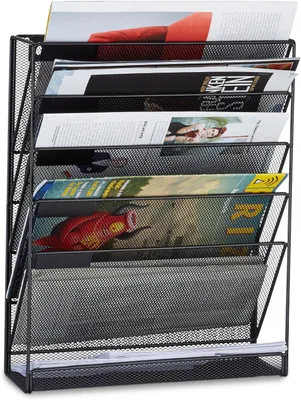 Obrázok produktu pre Držiak na časopisy na stenu - 6 priehradiek - formát A4 - 40 x 32 x 10 cm - Čierna farba