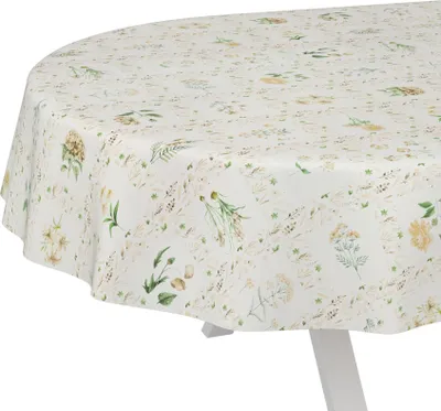 Produktbild von Tischdecke Floral Blumenkaro Beige Oval 200x140cm Schnittkante Wachstuch abwaschbar