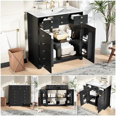 Immagine prodotto di Mobile da bagno moderno nero con piano lavabo dorato. Mobile sotto lavabo con lavabo in Vetroceramica. Armadietto da bagno con cassetti e vani portaoggetti