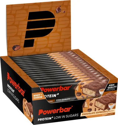 A box of Powerbar Protein+ Chocolate Espresso flavored bars.