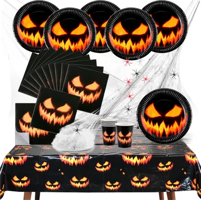 Obrázok produktu pre com-four® 26-dielna halloweenska stolová súprava - dekorácie s pavučinou, pavúkmi, šálkami, taniermi, obrúskami a obrusom na halloweenske a tematické párty [výber sa líši]