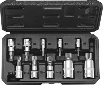 Produktbild von VEVOR XZN Dreikant Spline Bit Steckschlüsselsatz, 10-teilig M4 – M18, hochwertiger Cr-V-Stahl, 1/4 Zoll, 3/8 Zoll und 1/2 Zoll Antriebe, mit verbessertem Aufbewahrungskoffer, für Automobil