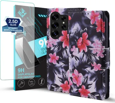 A product shot showing a phone case with a floral pattern and a screen protector.