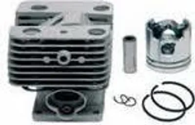 A set of engine parts, including a cylinder, piston, and piston rings, laid out on a white background.