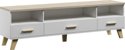 Produktbild von Furniture24 Tv Schrank Lotta, Wohnzimmerschrank, Schrank, Fernsehenschrank, Lowboard, Unterschrank mit 3 Schubkästen, Skandinavisch, Briliant Weiß