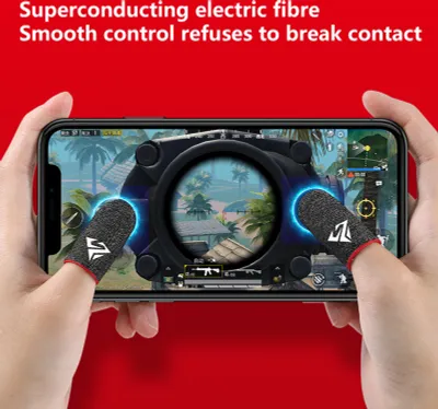 Hands holding a smartphone displaying a video game, with finger sleeves on two fingers.