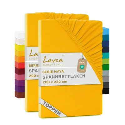 Produktbild von Lavea® 2er Topper Spannbettlaken 200x220cm, Bettlaken 100% Baumwolle Jersey, mit Rundumgummizug, für Matratzen bis 12 cm Höhe, weich, formstabil, langlebig, Goldgelb