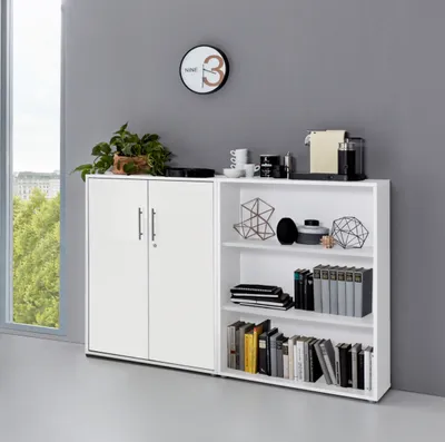 Produktbild von BMG Möbel abschließbare Regalwand/Schrankwand, Office Edition Set 1, niedrig, weiß / weiß matt