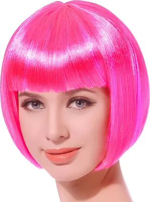 A woman wearing a bright pink bob wig.