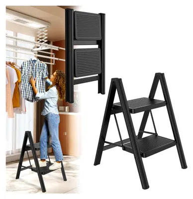 Produktbild von Alu Trittleiter 2 Stufen Leiter Klappleiter Tritthocker rutschfeste Stehleiter Treppenleiter Haushaltsleiter mit Anti Rutsch Pedal Multifunktionale Stufenleiter 150kg Belastbar
