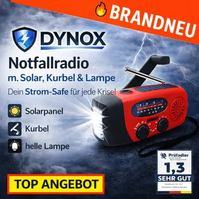 Produktbild von Dynox™ Akku Notfallradio mit Solar, Kurbel & Lampe - Der Strom Safe für jede Krise!
