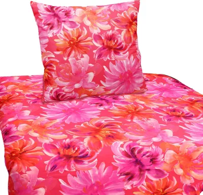 A close-up view of a pink floral patterned duvet cover and pillowcase set.