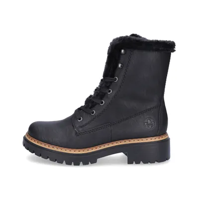 A black women's boot with fur lining, shown from the side.
