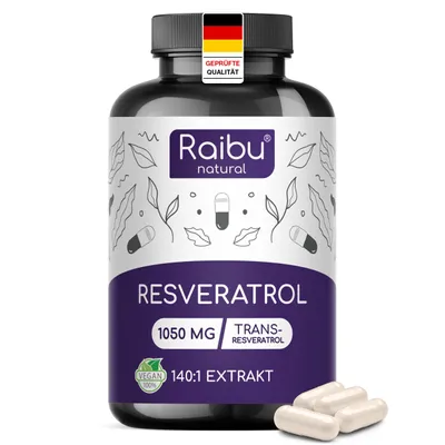 Produktbild von Resveratrol Kapseln Hochdosiert - 525 mg Trans-Resveratrol pro Tag - RAIBU