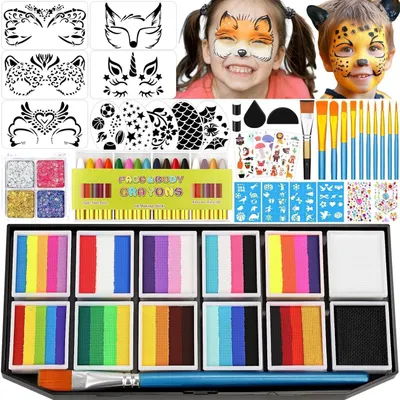 Immagine prodotto di Set di trucchi per il viso per bambini e adulti, 12 colori, palette a forma di torta, a base d'acqua, con stencil e glitter