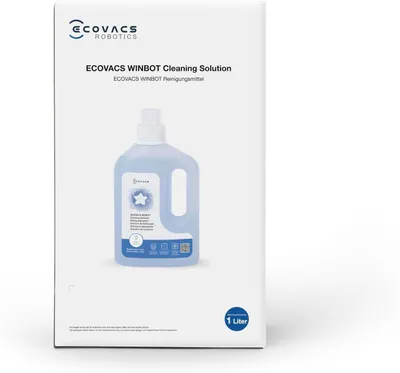 A box containing a bottle of cleaning solution for a window cleaning robot.