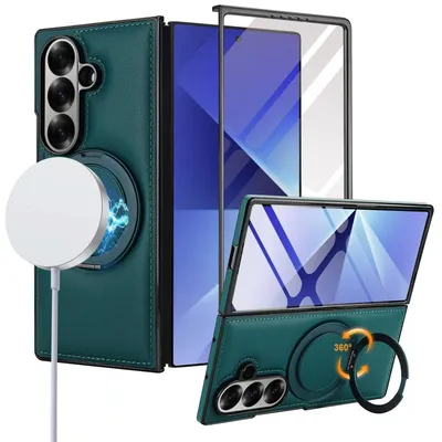 Produktbild von Für Samsung Galaxy Z Fold7 MagSafe Leder Ringhalter integriertes Glas Hülle Grün