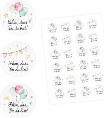 Produktbild von 24 "Schön, dass Du da bist!" Aufkleber - Aquarell Luftballon Wimpelkette - rund 4 cm Ø - Sticker Hochzeit Gastgeschenk