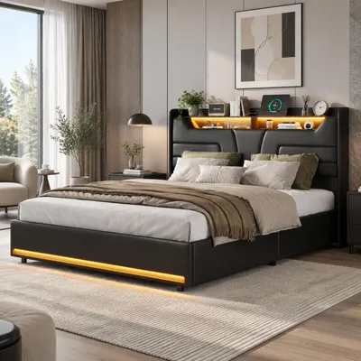 Obrázok produktu pre INONEFT čalúnená posteľ 160x200 cm s LED osvetlením, s hydraulickým úložným priestorom, dvojposteľ pre mládež s úložným priestorom a USB nabíjacou funkciou, čierna (PU), Obrázok generovaný UI