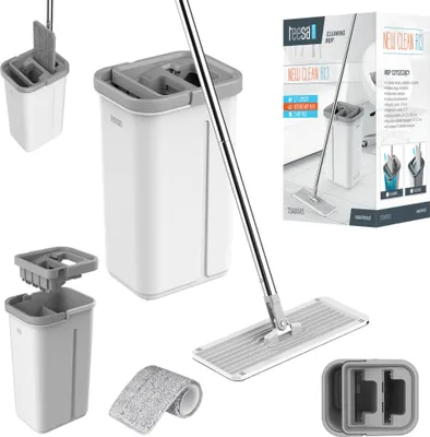 A collage of images showing a flat mop cleaning system with its bucket, mop head, and packaging.