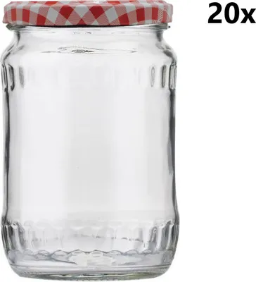 Produktbild von Einmachglas 580 ml FACETTE klar 20 Stück INKLUSIVE KARIERTEN ROTEN DECKELN, Stückzahl in der Packung: 20