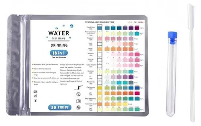 Productafbeelding van 50 stuks 16-in-1 drinkwaterteststrips – 16 parameters watertest voor leidingwater, zwembad, spa en aquarium – test hardheid, lood, ijzer, koper, pH, chloor