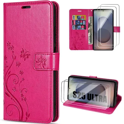 Image de Coque + 2 Verres Trempés pour Samsung Galaxy S25 Ultra, Cuir Synthétique Anti-Rayures Motif Plante Papillon Fuchsia