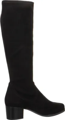 A black knee-high boot is shown from the side against a white background.