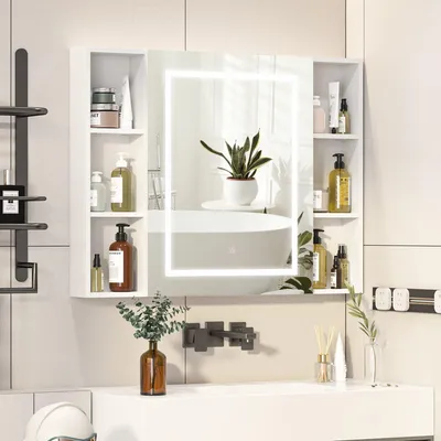 Produktbild von Radelldar Spiegelschrank mit LED-Beleuchtung & Offenen Regalen für Badezimmer,Weiß