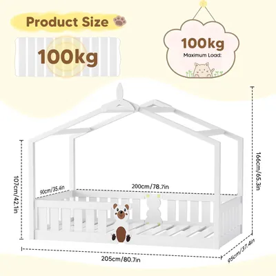 Obrázok produktu pre Detská posteľ Montessori – drevená posteľ s zábranou – 90 x 200 cm – s bočnicami – s roštom – s strešou – biela